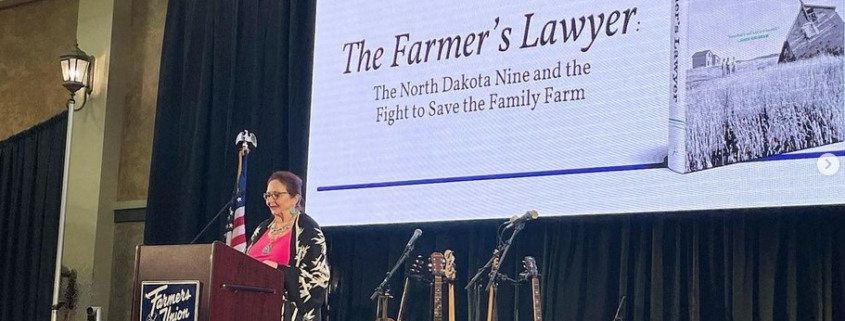 Sarah Vogel speaks to audience at Montana Farmer's Union annual conference 2023